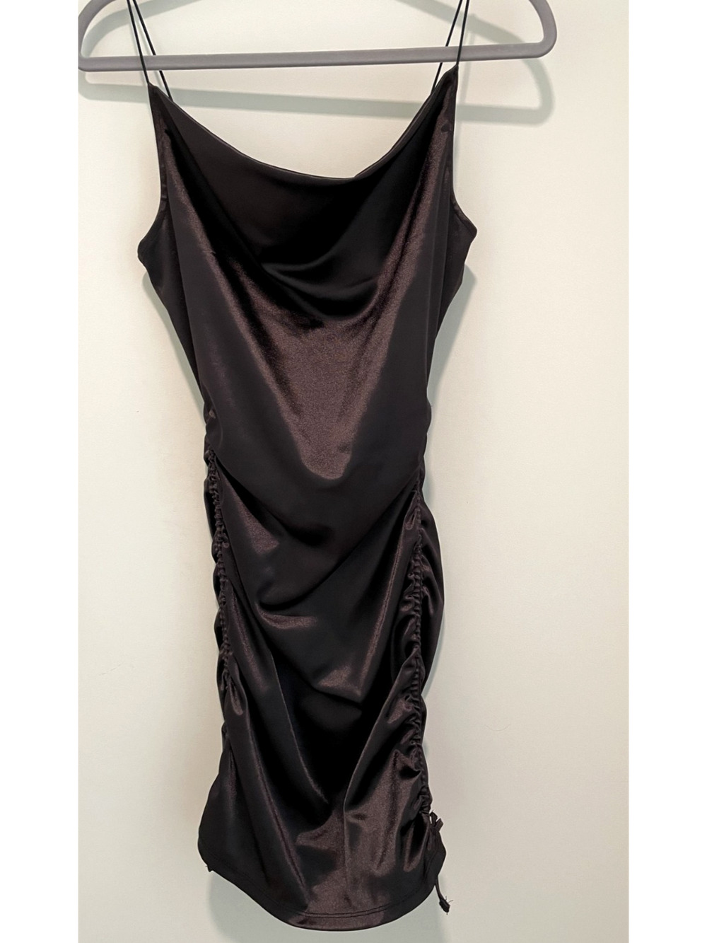 H&M Brown Bodycon Mini Dress Womens Small Cowl Neck Ruched Spaghetti Strap